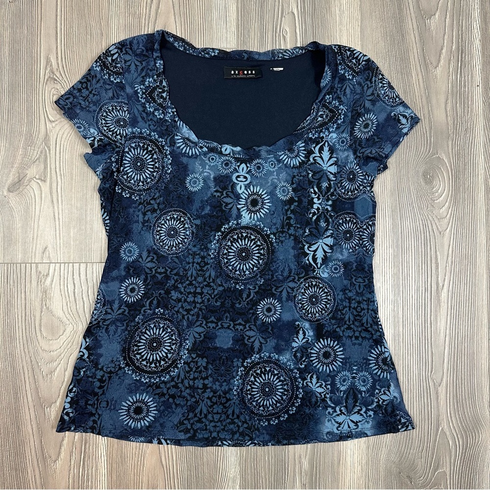 Axcess Navy Blue Mesh‎ Top Floral & Geometric Pattern Y2K Boho